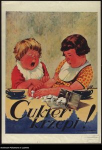 Plakat "Cukier krzepi!". Dwójka otyłych dzieci wyrywa sobie kostki cukru.