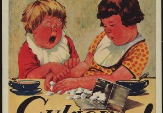 Plakat "Cukier krzepi!". Dwójka otyłych dzieci wyrywa sobie kostki cukru.